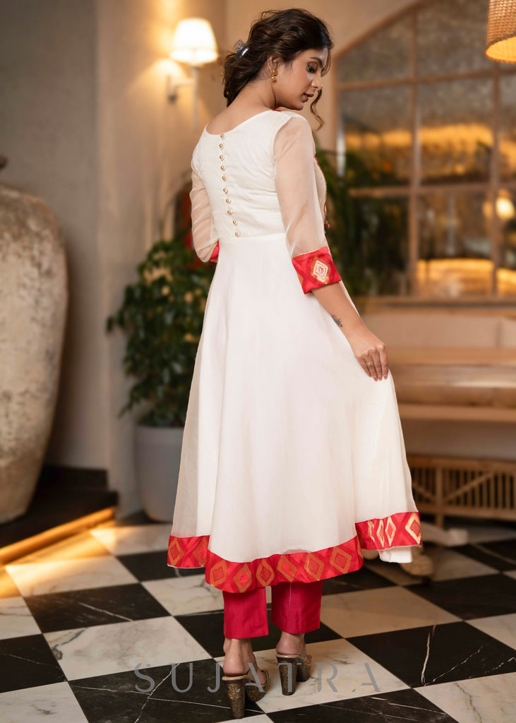 Exclusive Off White Organza Brocade Hand Embellished Flared Kurta And Pant - Dupatta Optional