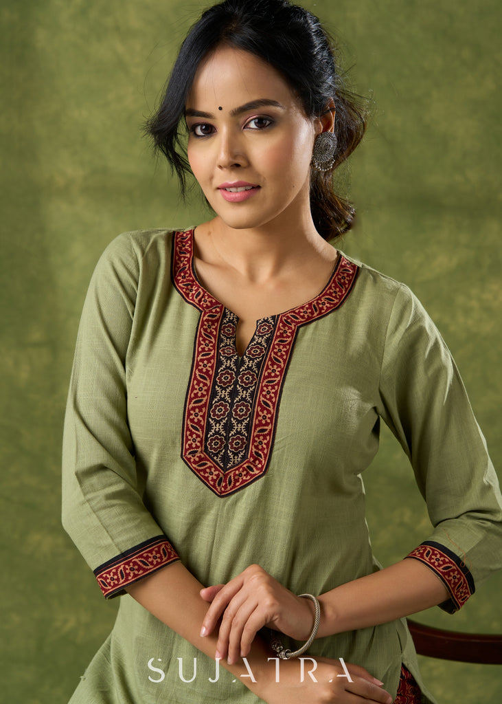 Dark Pista Cotton Ajrakh Combination Kurta - Pant Optional