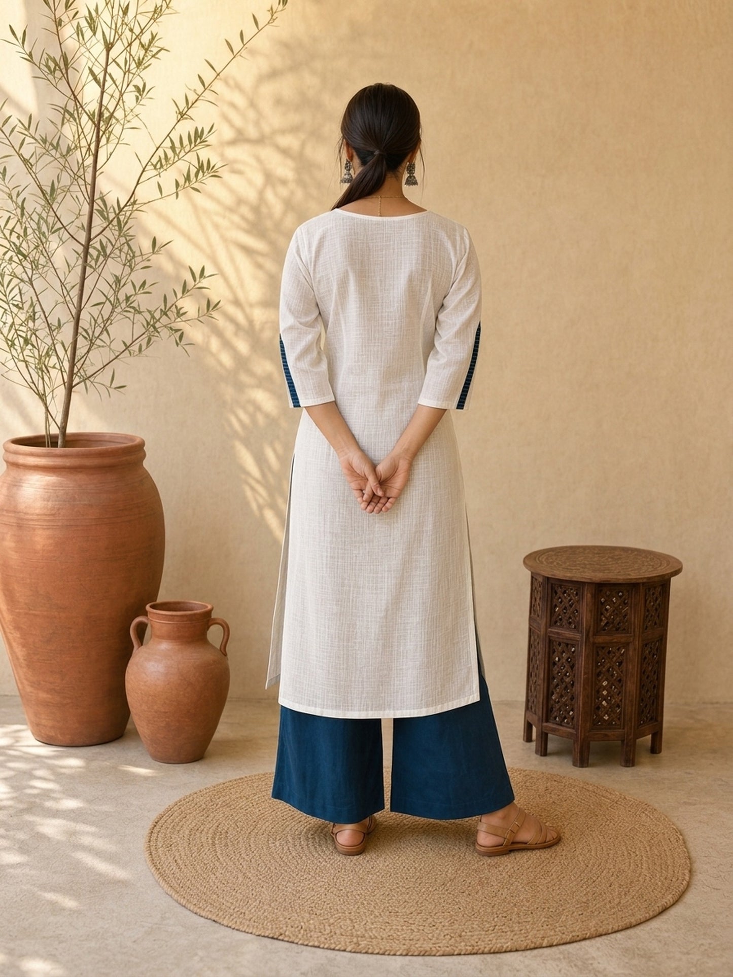 Timeless White Cotton Kurta with Blue Striped Ikat Spread Collar & Coordinated Sleeve Cuffs