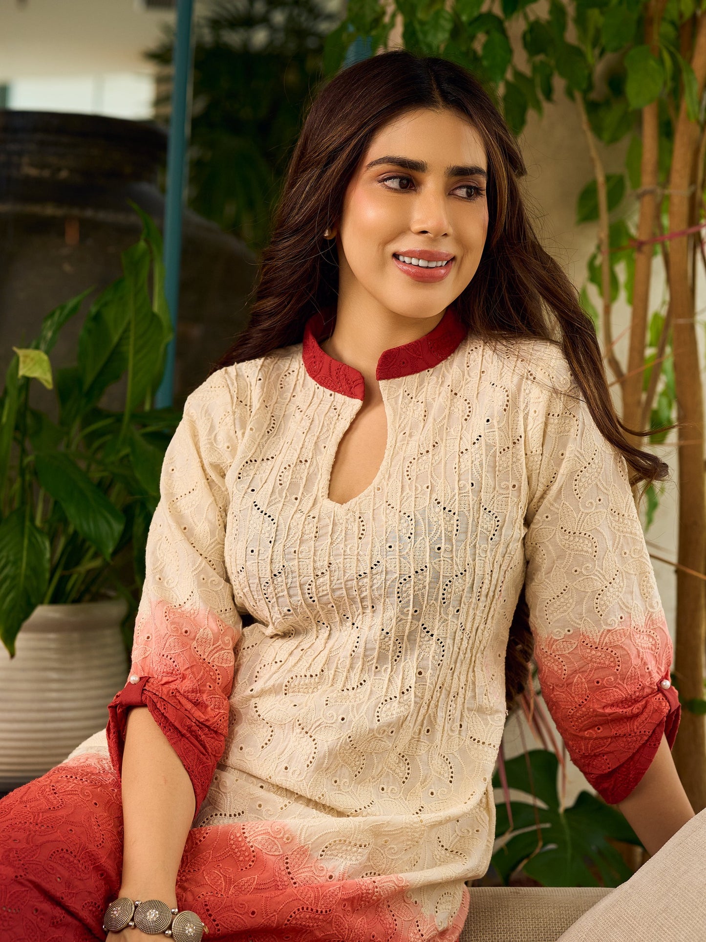 Chic cream-to-maroon ombré Hakoba dress with distinctively folded sleeves and collar.