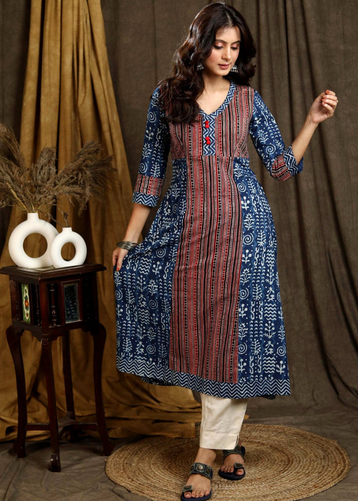 Beautiful Cotton Indigo A -Line Kurta with Striped Ajrakh Combination - Pant Optional