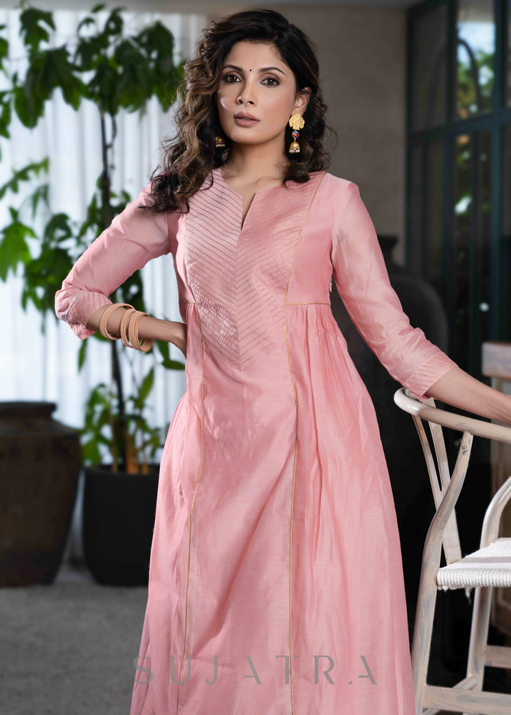 Light pink chanderi Pant & flared kurta with gold detailing - Dupatta Optional