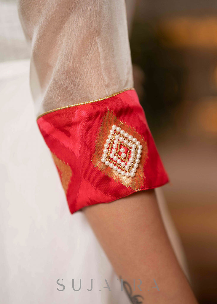 Exclusive Off White Organza Brocade Hand Embellished Flared Kurta And Pant - Dupatta Optional