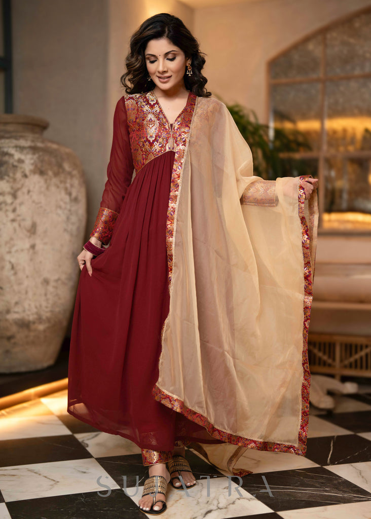 Maroon Georgette Flared Kurta With Unique Brocade Yoke & Organza Dupatta - Pant Optional