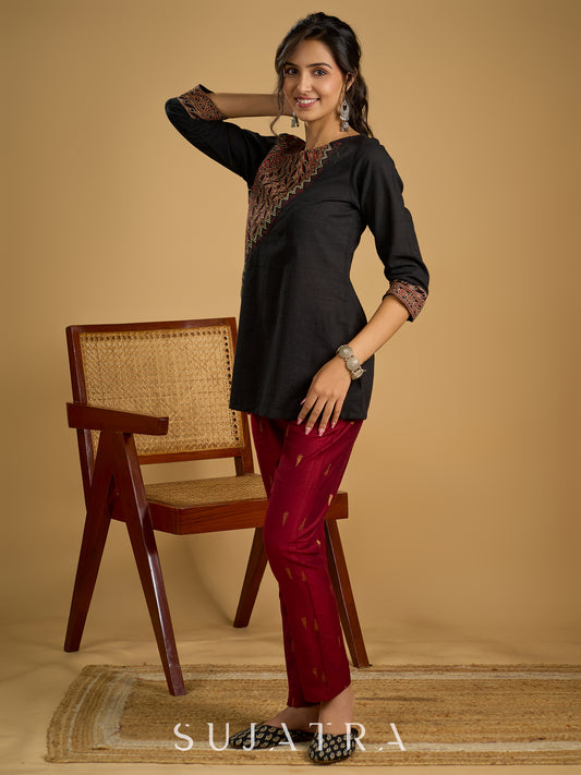 Graceful hand painted cotton ajrakh combination black top - Pant optional