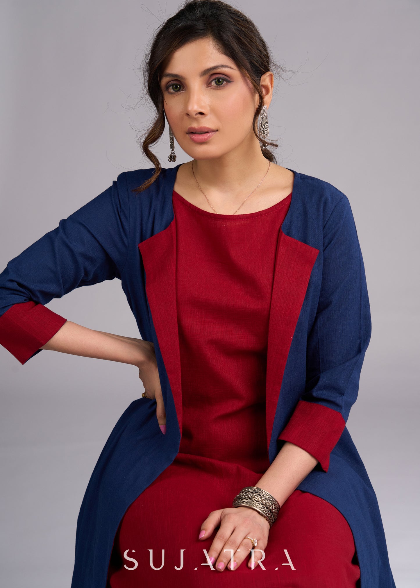 Azure Elegance Long Cotton Blazer Jacket - Dress optional