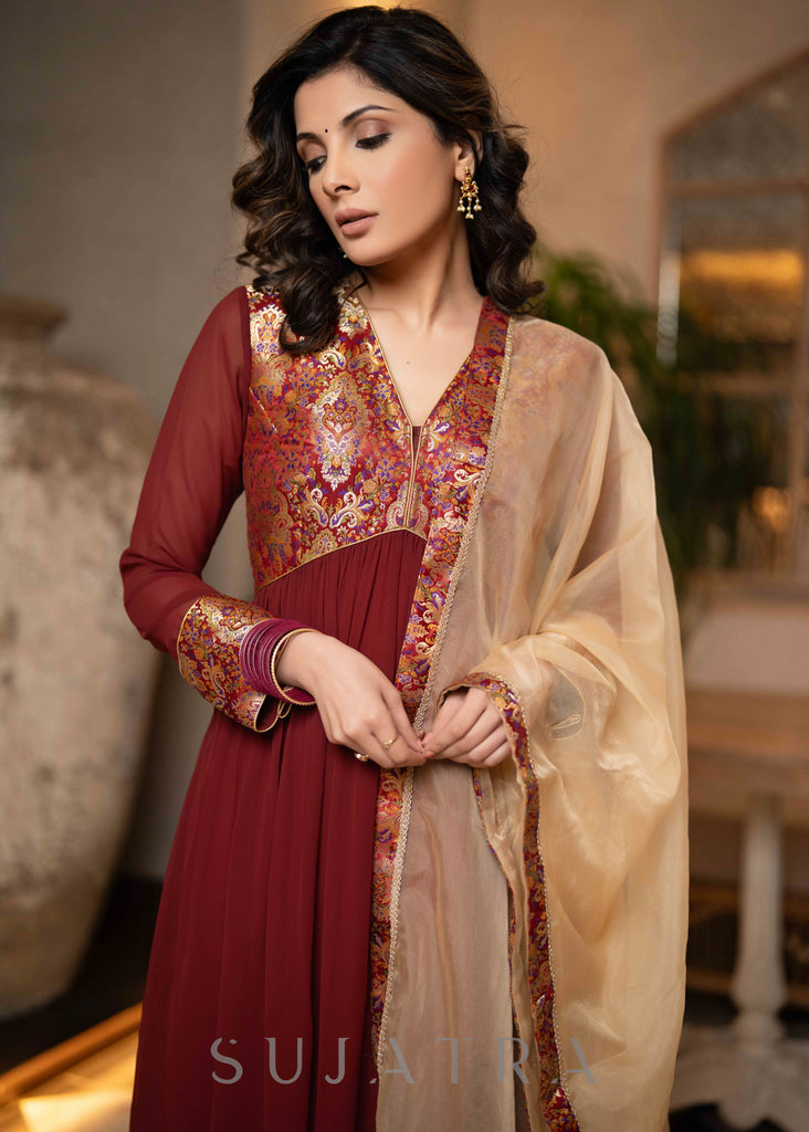 Maroon Georgette Flared Kurta With Unique Brocade Yoke & Organza Dupatta - Pant Optional