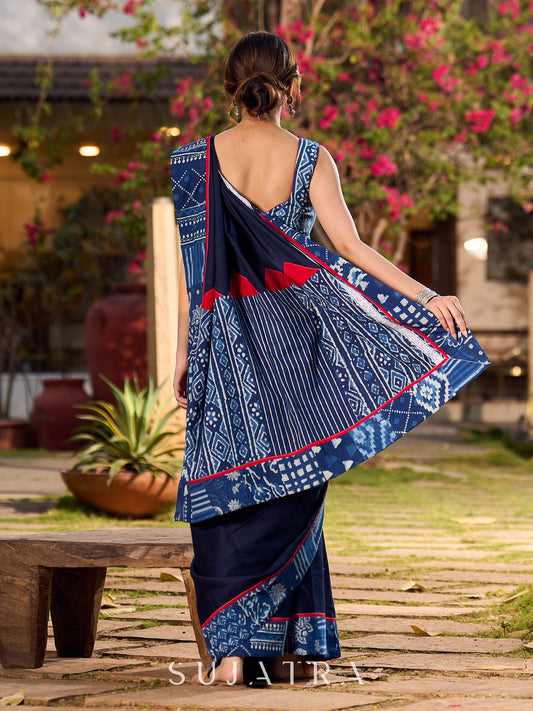 Navy Blue Jacquard Cotton Saree with Indigo Contrast Patchwork Border
