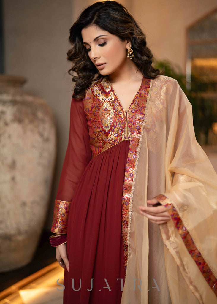 Maroon Georgette Flared Kurta With Unique Brocade Yoke & Organza Dupatta - Pant Optional