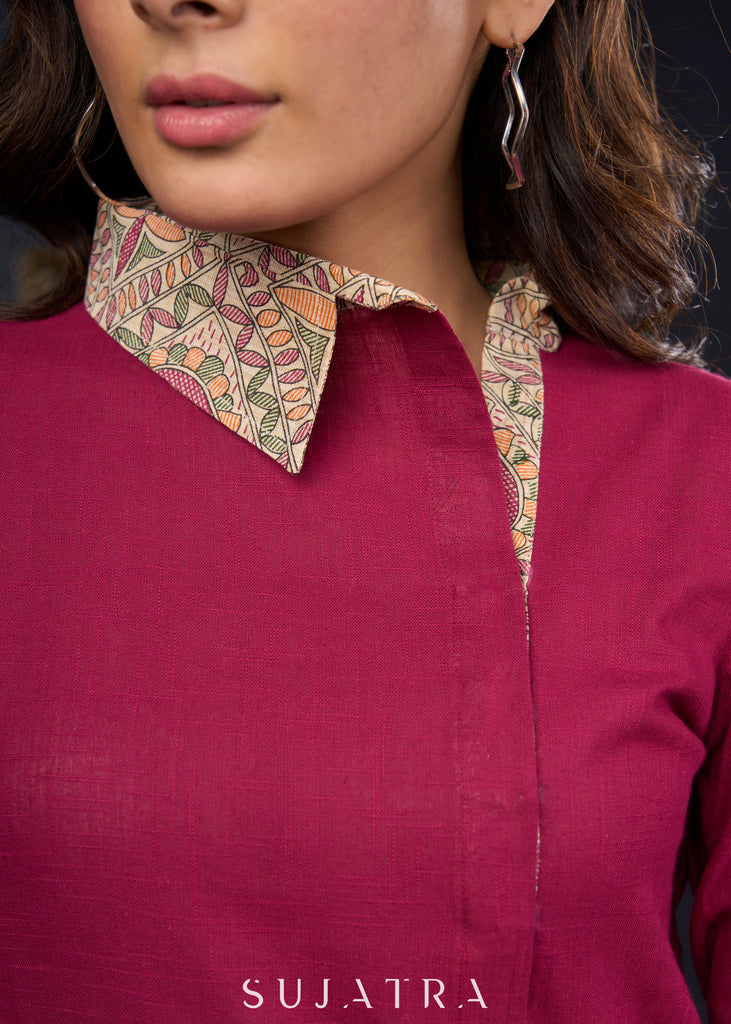 Magenta Cotton Tunic With Unique Madhubani Print Collar.