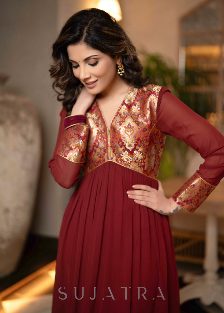 Maroon Georgette Flared Kurta With Unique Brocade Yoke & Organza Dupatta - Pant Optional