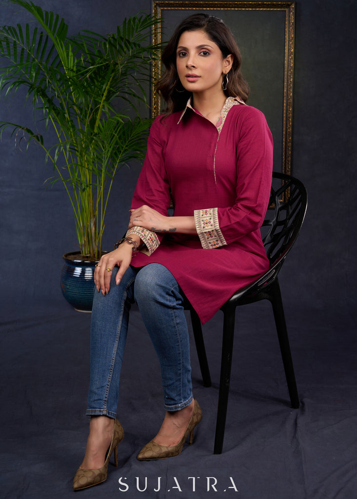 Magenta Cotton Tunic With Unique Madhubani Print Collar.