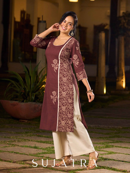 Earthy Brown Cotton Kurta With Elegant Hand Block Floral Prints And Highlighted Printed Panel