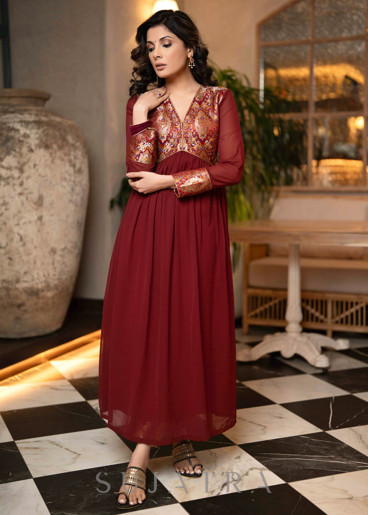 Maroon Georgette Flared Kurta With Unique Brocade Yoke & Organza Dupatta - Pant Optional