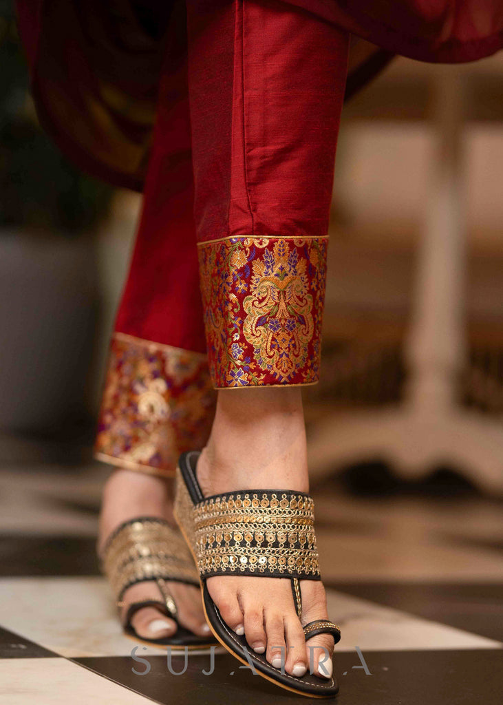 Maroon Georgette Flared Kurta With Unique Brocade Yoke & Organza Dupatta - Pant Optional