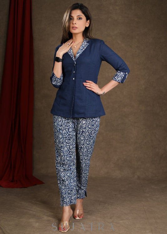 Navy Blue Cotton Indigo Combination Top With Indigo Pant Optional