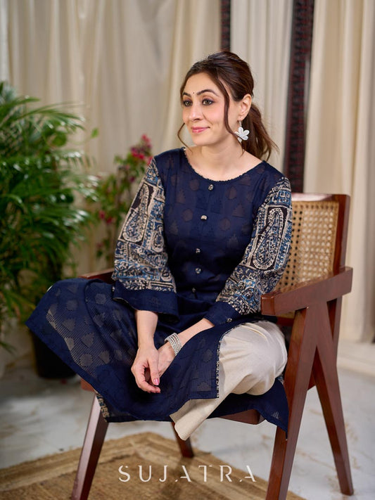 Striking Navy Blue Jacquard Cotton Straight Kurta with Kalamkari Sleeves and Button Detail