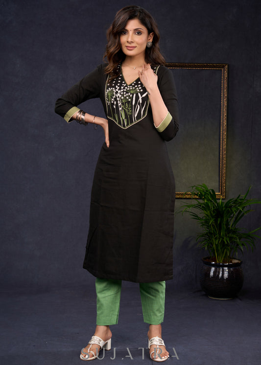 Classic-Black-Cotton-Straight-Cut-Kurta-With-Beautiful-Floral-Embroidered-Yoke--Pant-Optional