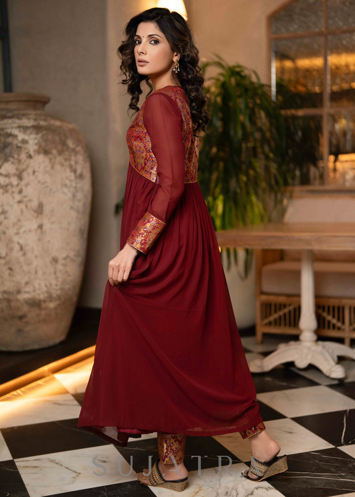 Maroon Georgette Flared Kurta With Unique Brocade Yoke & Organza Dupatta - Pant Optional