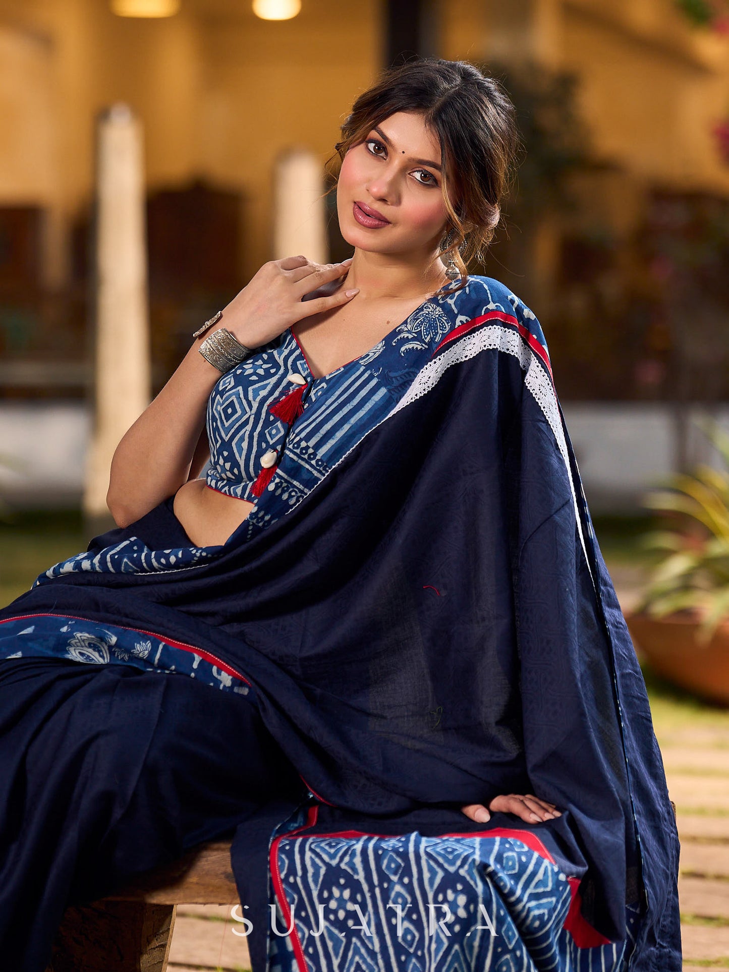 Navy Blue Jacquard Cotton Saree with Indigo Contrast Patchwork Border