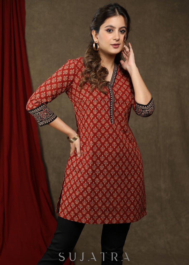 Beautiful maroon cotton ajrakh tunic with combination sleeves