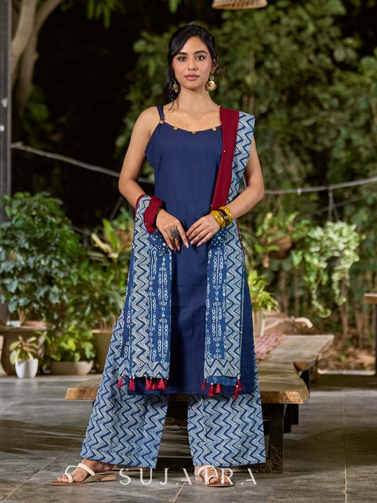 Refined Maroon Rayon Dupatta with Indigo Border & Subtle Pearl Accents