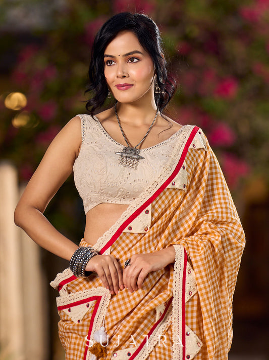Timeless White & Mustard Checkered Cotton Saree with Delicate Hand Embroidery & Lace Details