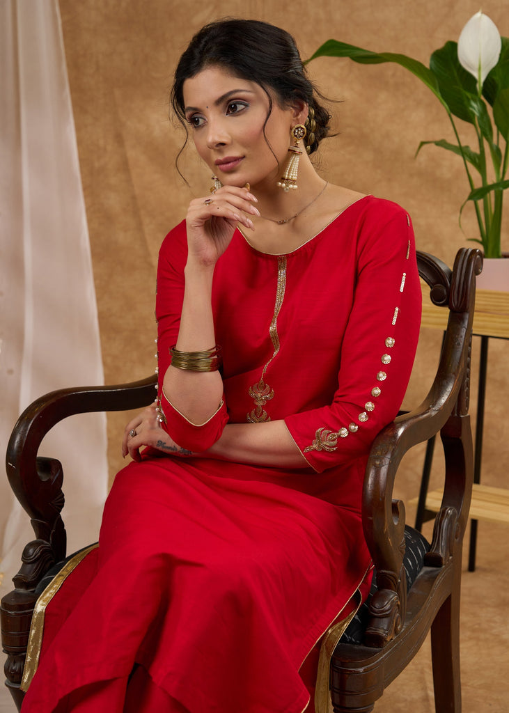 Stunning red cotton silk kurta adorned with intricate hand embroidery