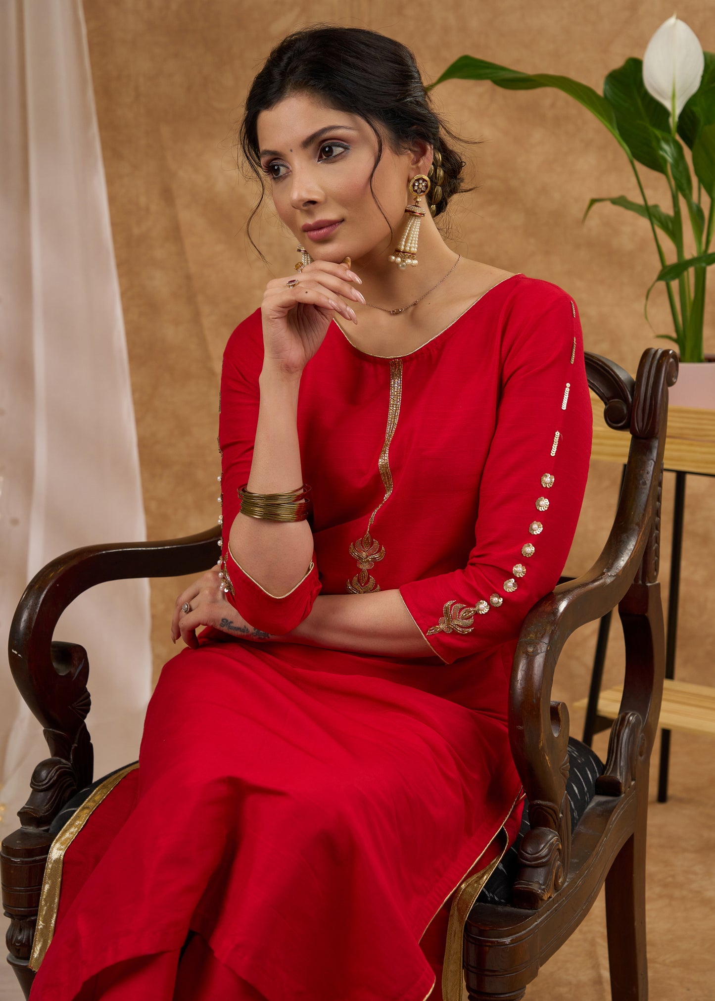 Stunning red cotton silk kurta adorned with intricate hand embroidery Pant optional