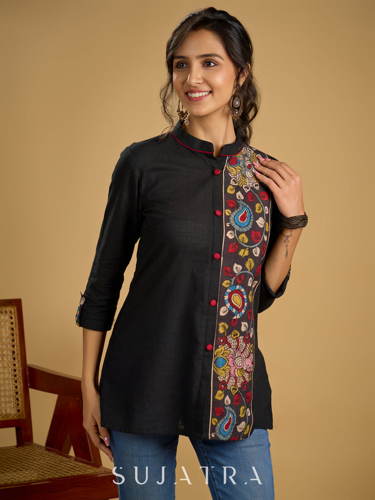 Traditional hand kalamkari designs on contrasting black cotton giving a classic style - Pant optional