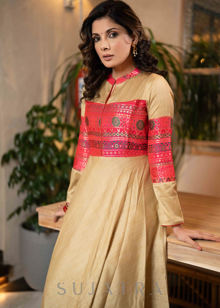 Classy Golden Blended Silk Brocade Combination A Line Kurta - Pant Optional
