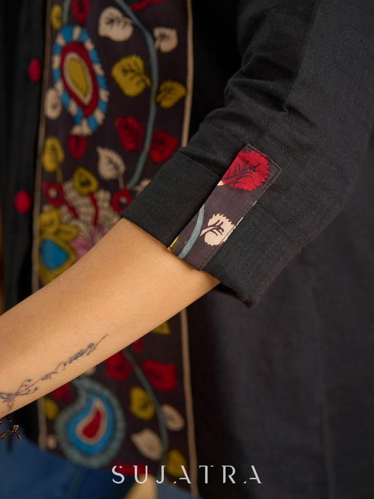 Traditional hand kalamkari designs on contrasting black cotton giving a classic style - Pant optional