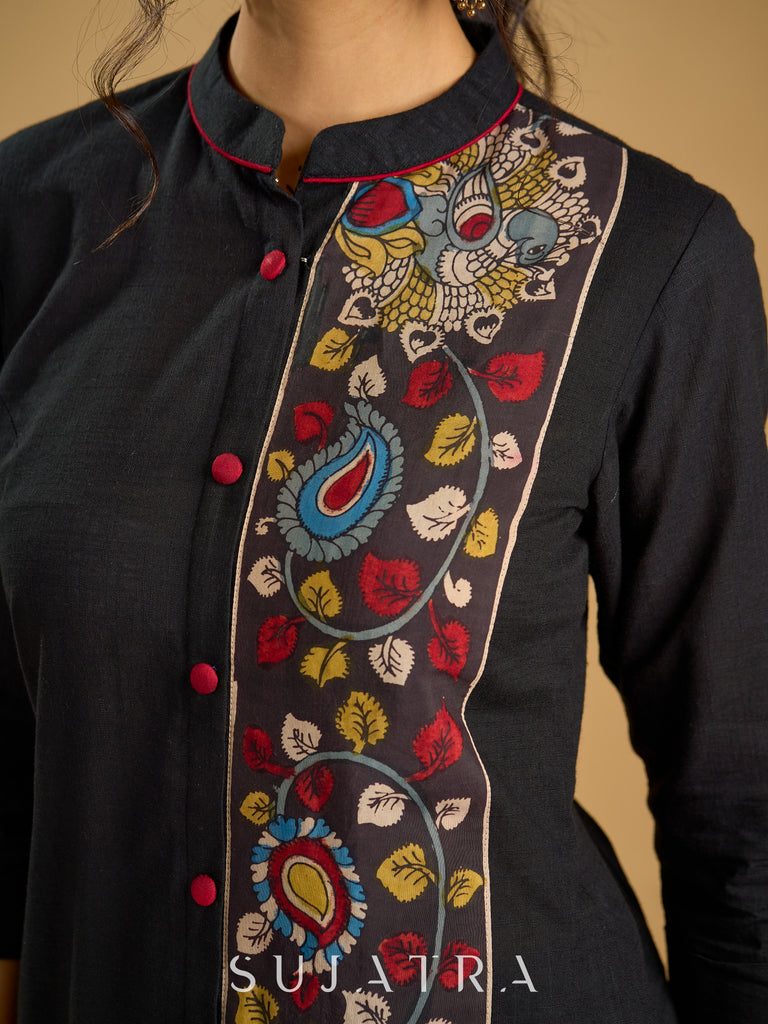 Traditional hand kalamkari designs on contrasting black cotton giving a classic style - Pant optional