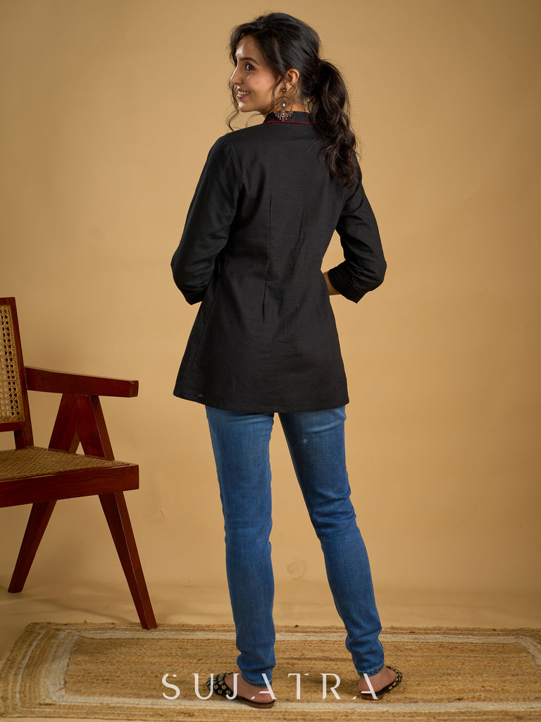 Traditional hand kalamkari designs on contrasting black cotton giving a classic style - Pant optional