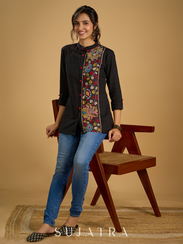 Traditional hand kalamkari designs on contrasting black cotton giving a classic style - Pant optional