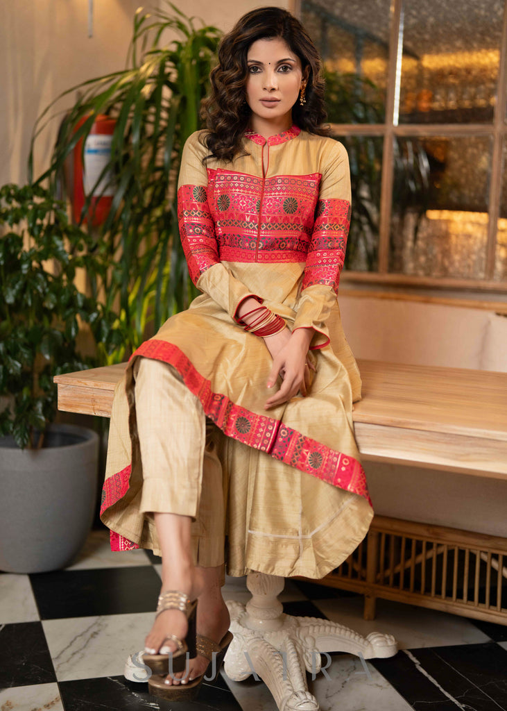 Classy Golden Blended Silk Brocade Combination A Line Kurta - Pant Optional
