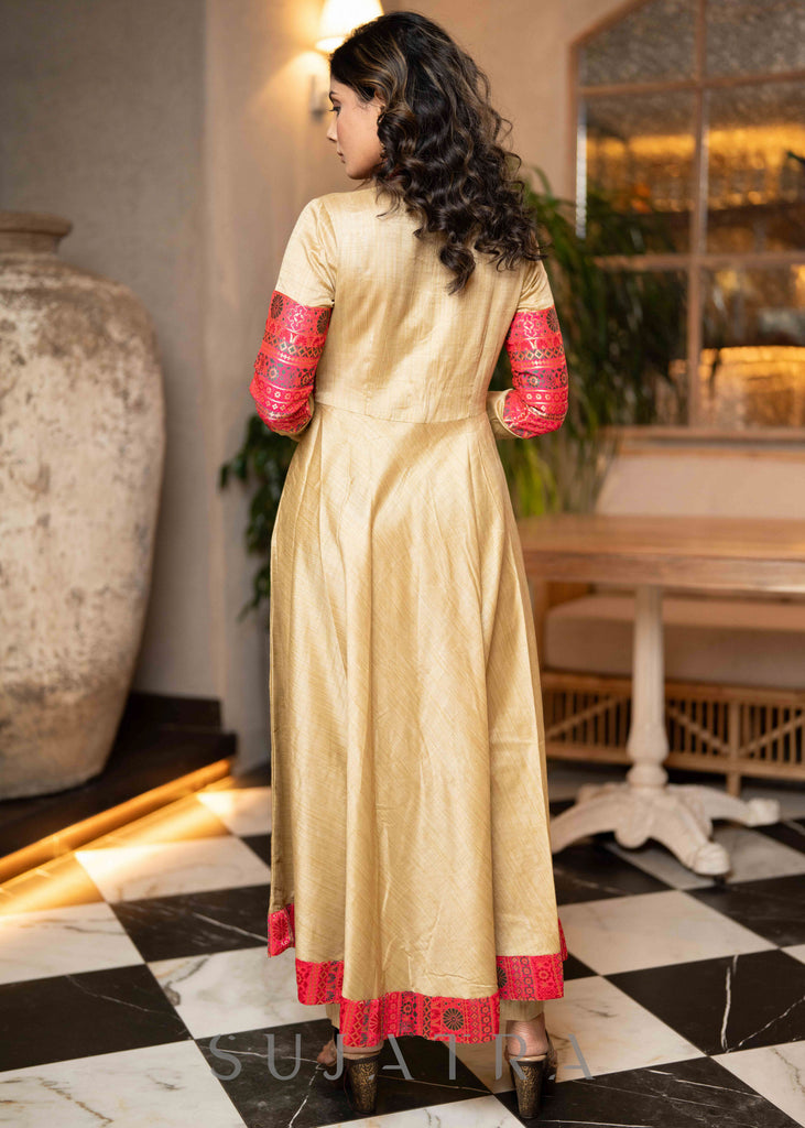 Classy Golden Blended Silk Brocade Combination A Line Kurta - Pant Optional