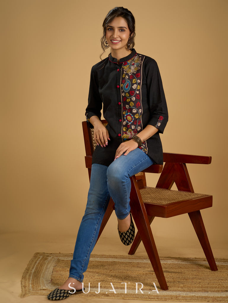 Traditional hand kalamkari designs on contrasting black cotton giving a classic style - Pant optional