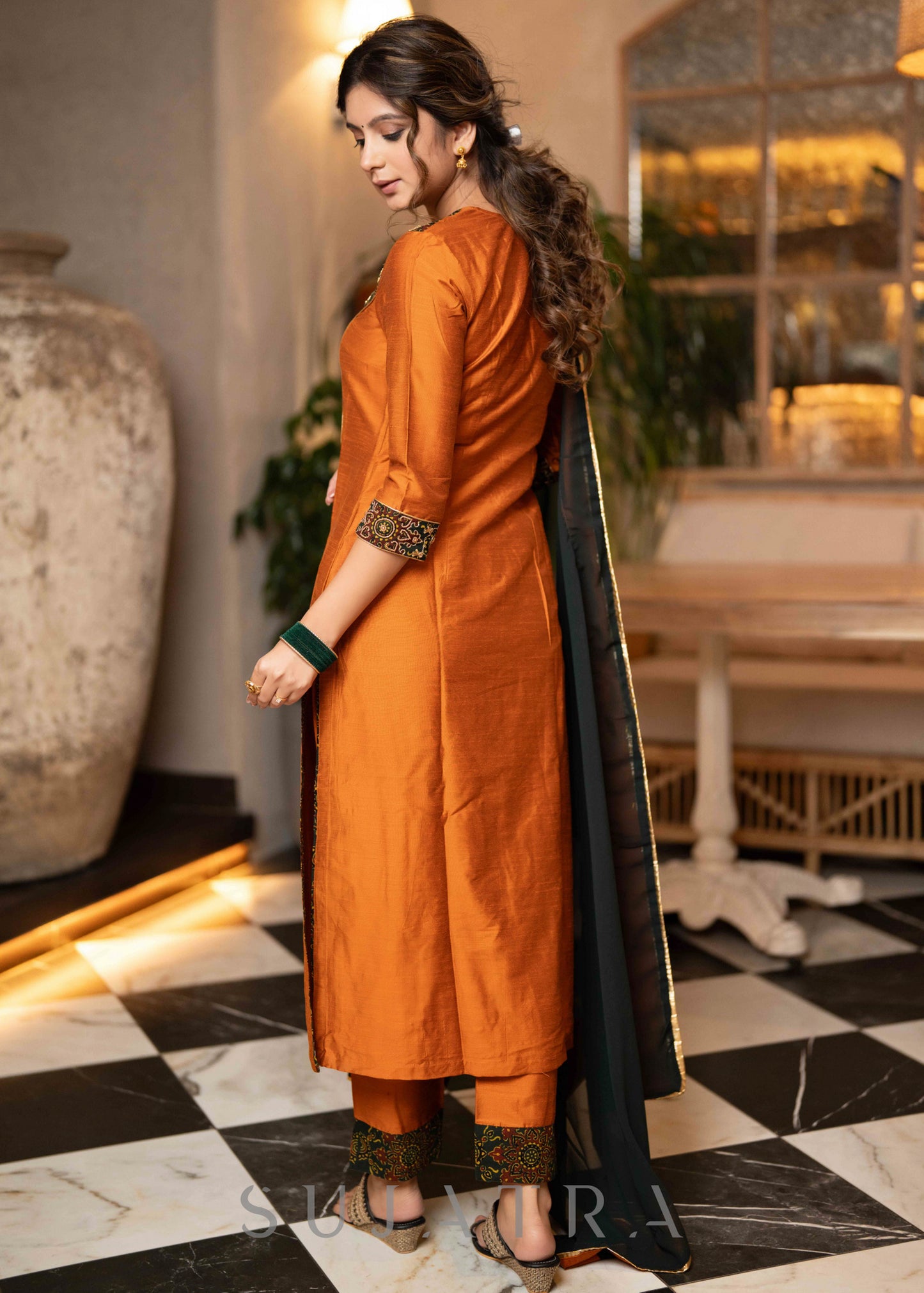 Hand Embroidered Rust Cotton Silk Kurta