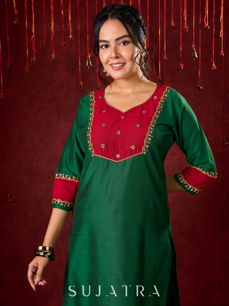 Handcrafted embroidery on luxurious forest green cotton-silk kurta -Pant optional