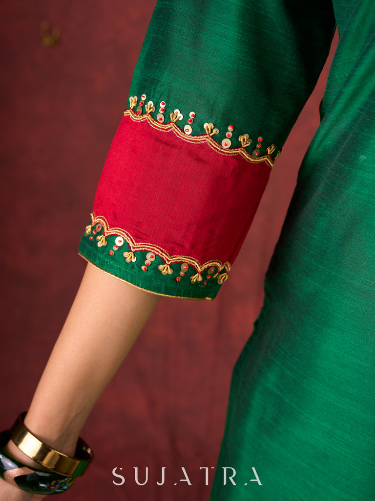 Handcrafted embroidery on luxurious forest green cotton-silk kurta -Pant optional
