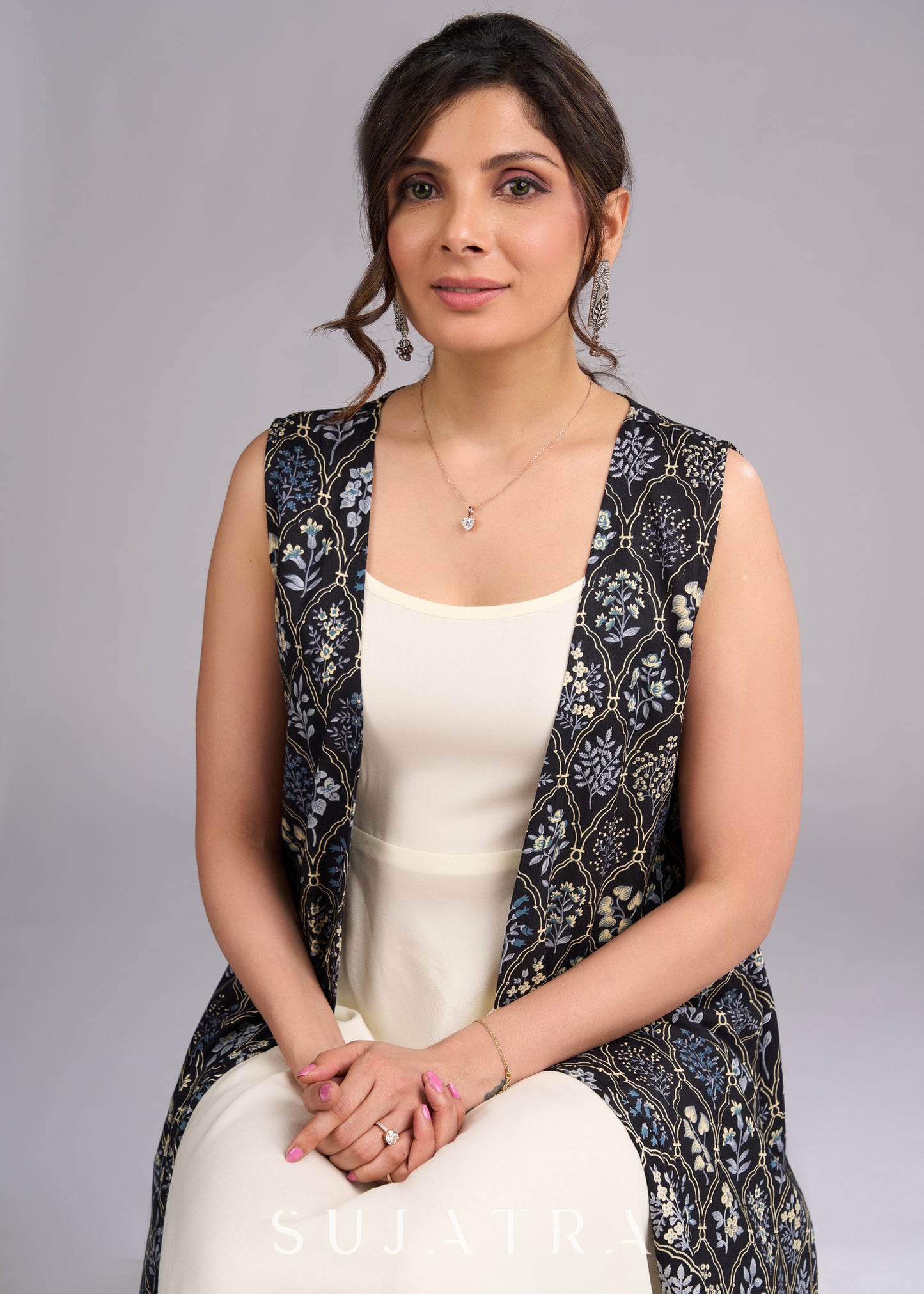 Midnight Muse Sleeveless Black Viscose Shrug with Vibrant Floral Print - Dress optional