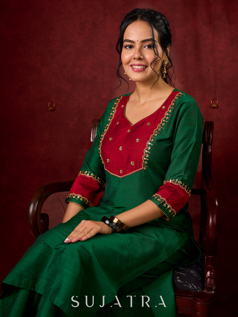 Handcrafted embroidery on luxurious forest green cotton-silk kurta -Pant optional