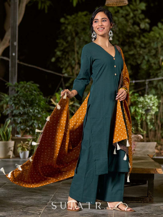 Effortless Bottle Green Cotton Kurta with Sleek Minimal Finish