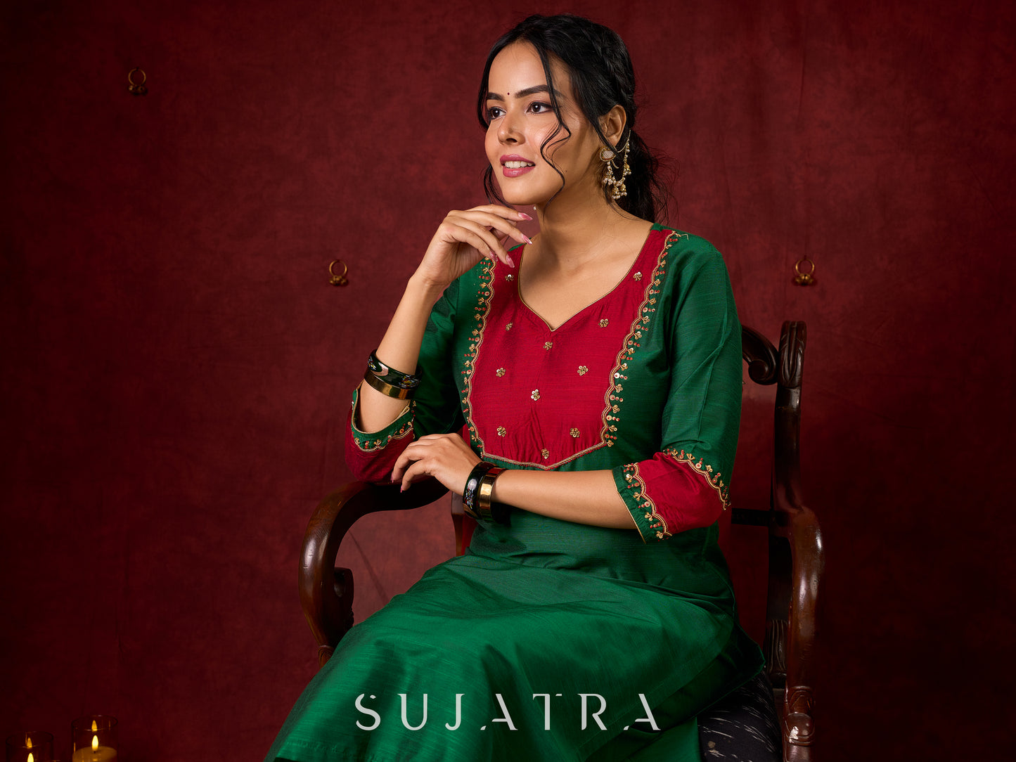 Handcrafted embroidery on luxurious forest green cotton-silk kurta -Pant optional