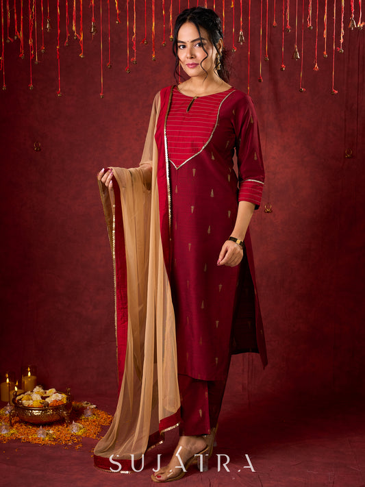Elegant straight-cut kurta in maroon with shimmering golden buttis - Pant and Dupatta optional