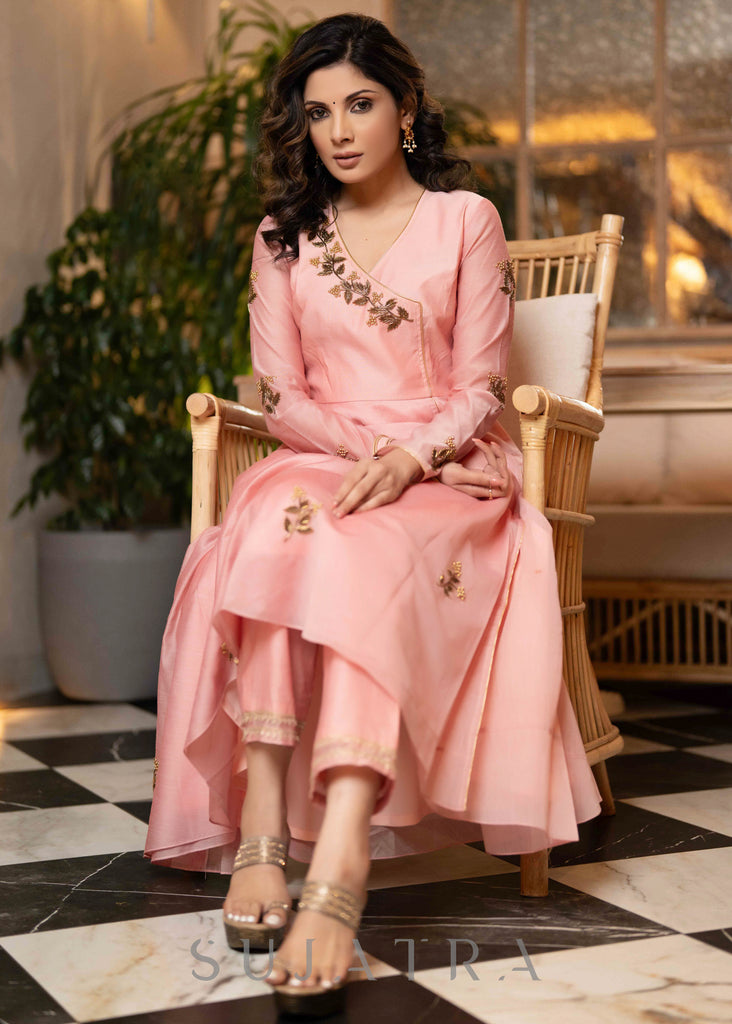 Classy Hand Embroidered Peach Chanderi Flared Kurta & Pant - Dupatta Optional