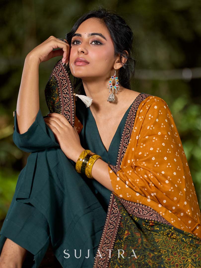 Effortless Mustard Bandhani Printed Dupatta with Ajrakh Pallu