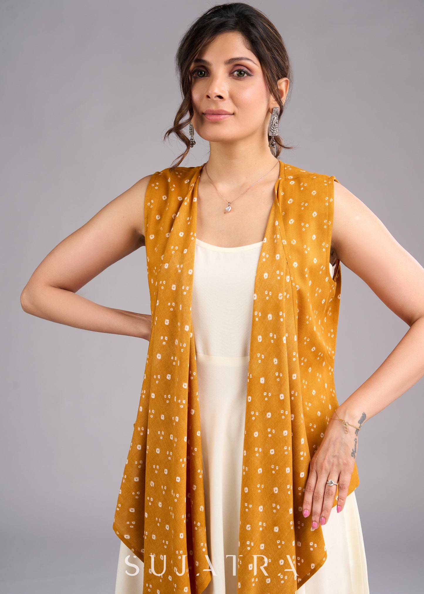 Mustard Majesty Viscose Bandhani Shrug in Flowy High Low Silhouette - Dress optional