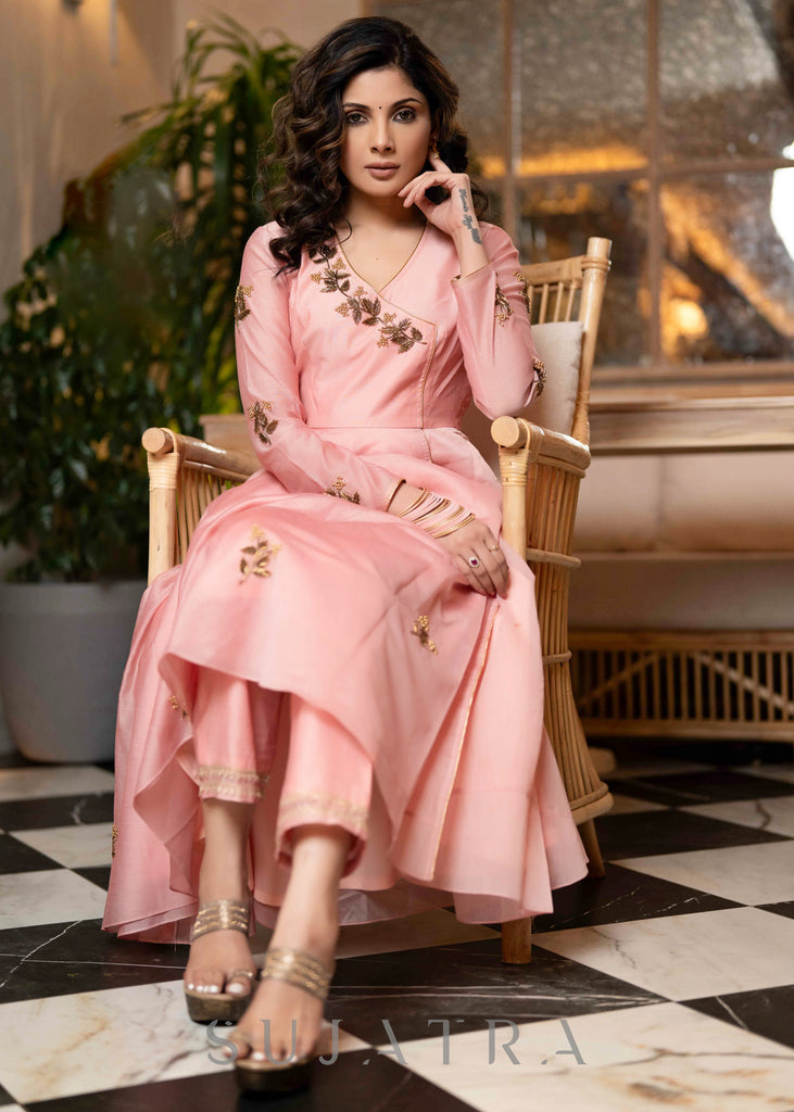 Classy Hand Embroidered Peach Chanderi Flared Kurta & Pant - Dupatta Optional